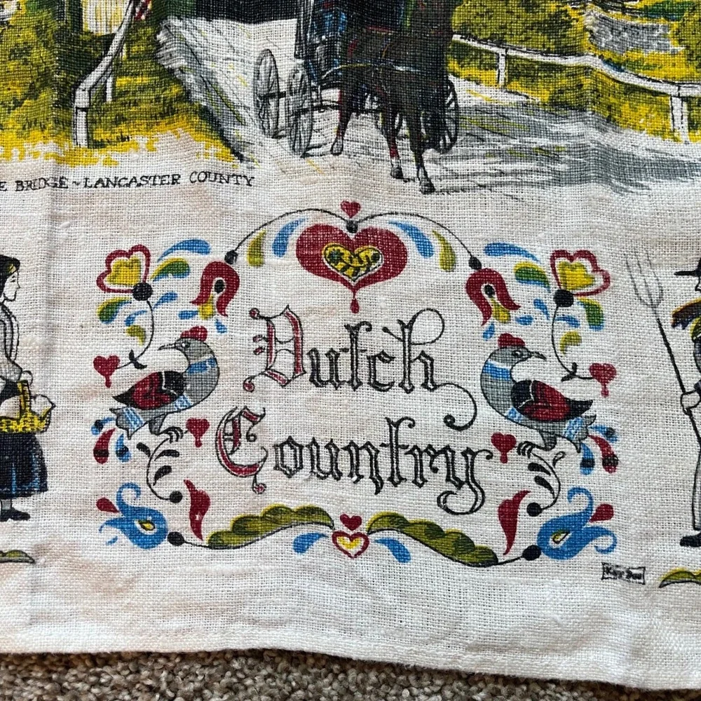 Vintage Dutch country Amish‎ Lancaster county Tea Dish Towel Calendar farm